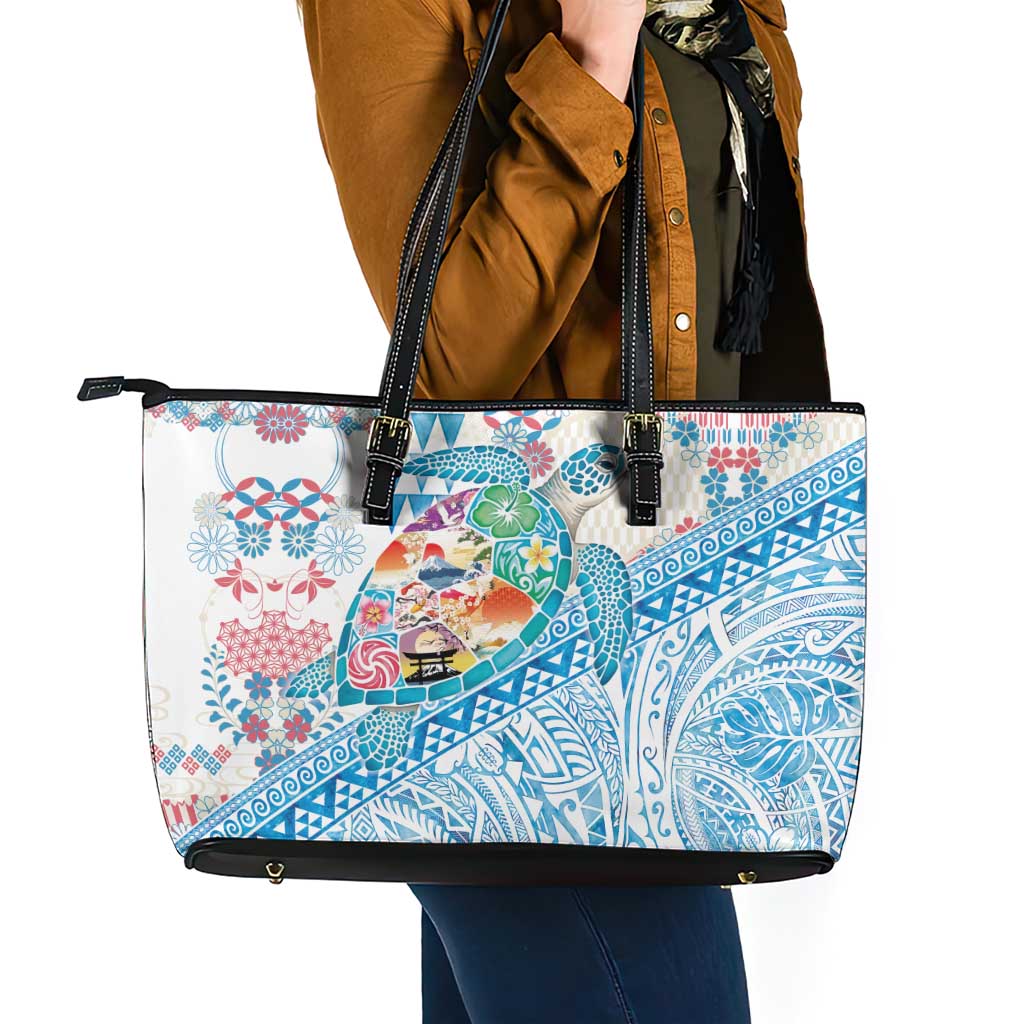 Hawaiian and Japanese Culture Together Leather Tote Bag Tropical Honu with Japanese Elements Blue Color
