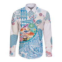 Hawaiian and Japanese Culture Together Long Sleeve Button Shirt Tropical Honu with Japanese Elements Blue Color