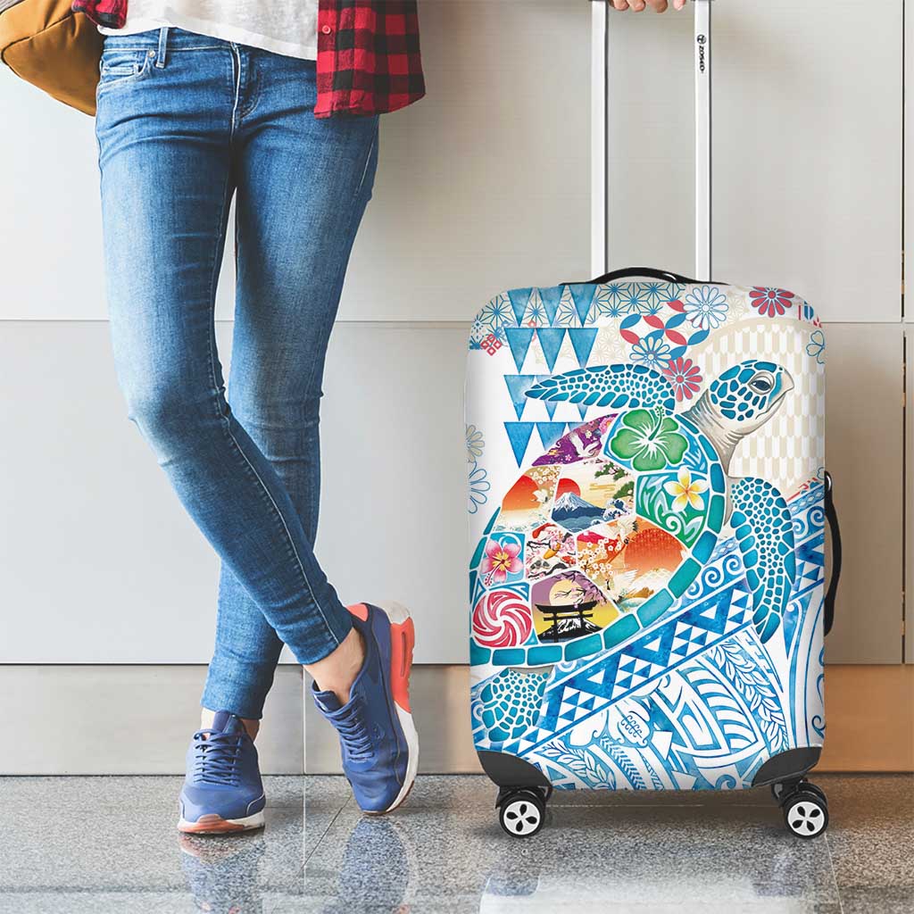 Hawaiian and Japanese Culture Together Luggage Cover Tropical Honu with Japanese Elements Blue Color