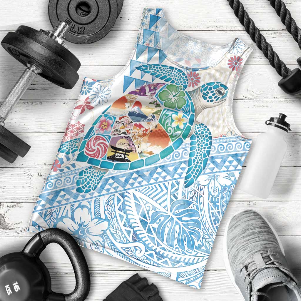 Hawaiian and Japanese Culture Together Men Tank Top Tropical Honu with Japanese Elements Blue Color