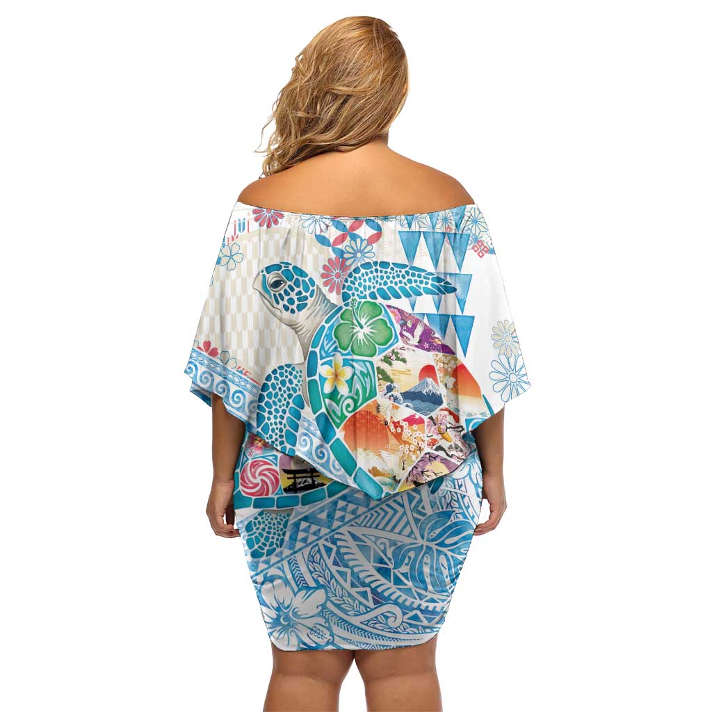 Hawaiian and Japanese Culture Together Off Shoulder Short Dress Tropical Honu with Japanese Elements Blue Color