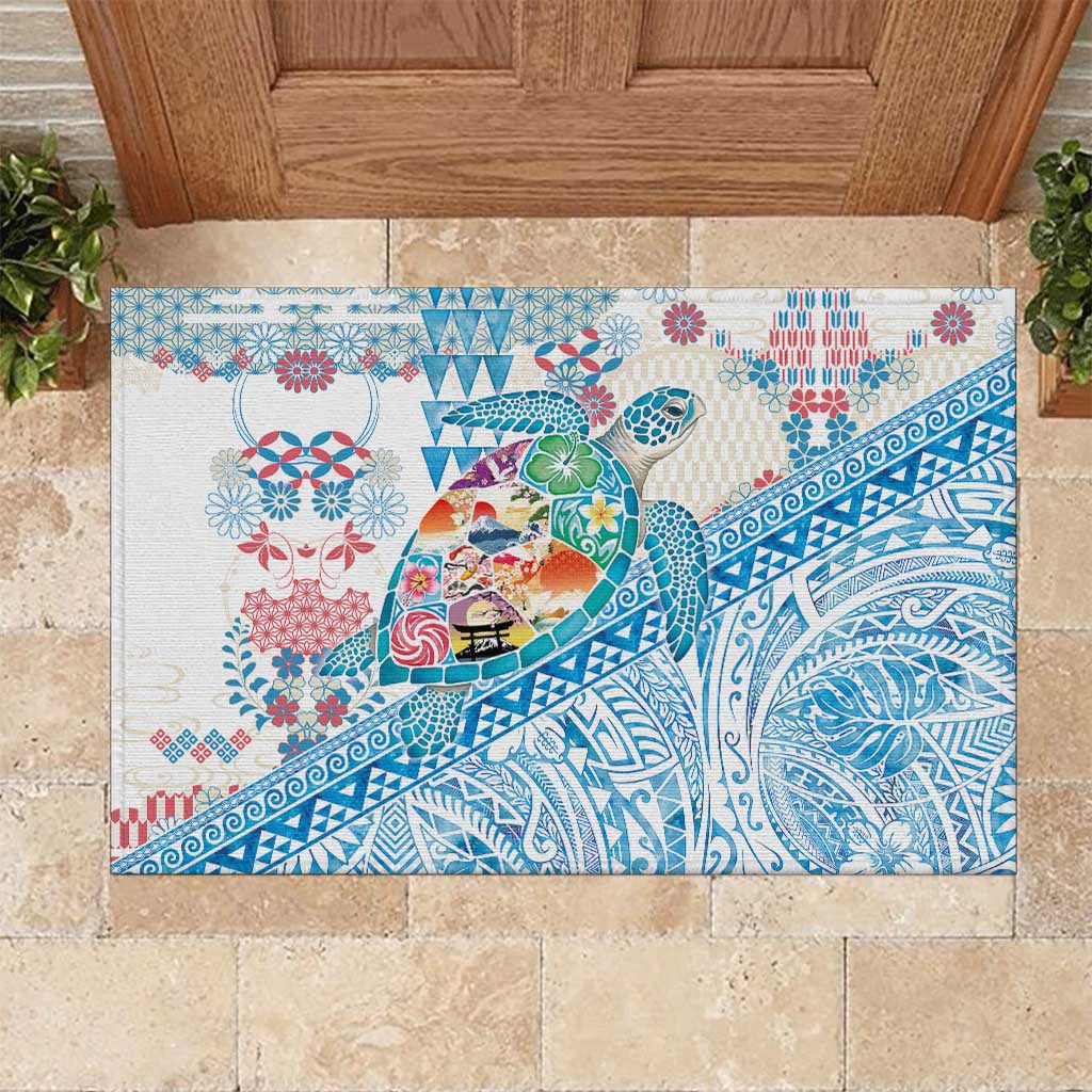 Hawaiian and Japanese Culture Together Rubber Doormat Tropical Honu with Japanese Elements Blue Color LT03 Blue - Polynesian Pride