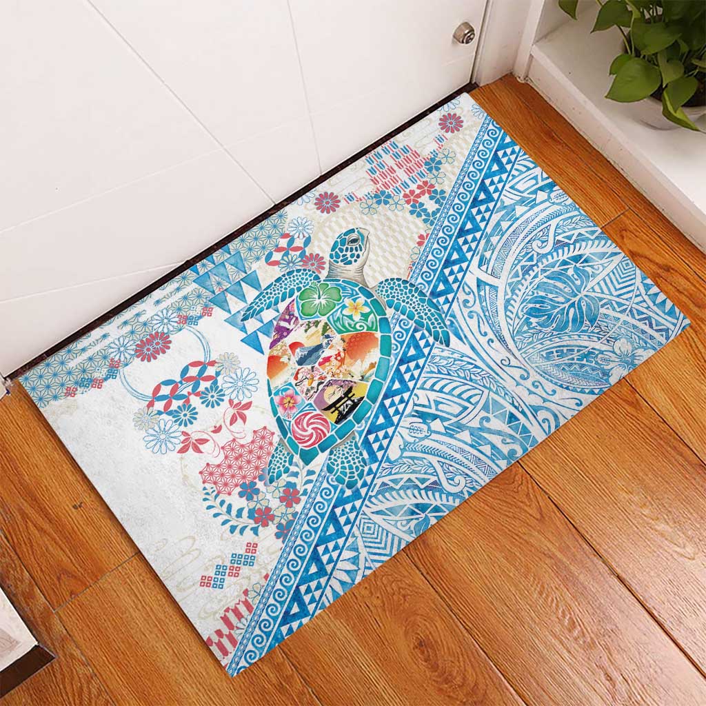 Hawaiian and Japanese Culture Together Rubber Doormat Tropical Honu with Japanese Elements Blue Color LT03 - Polynesian Pride