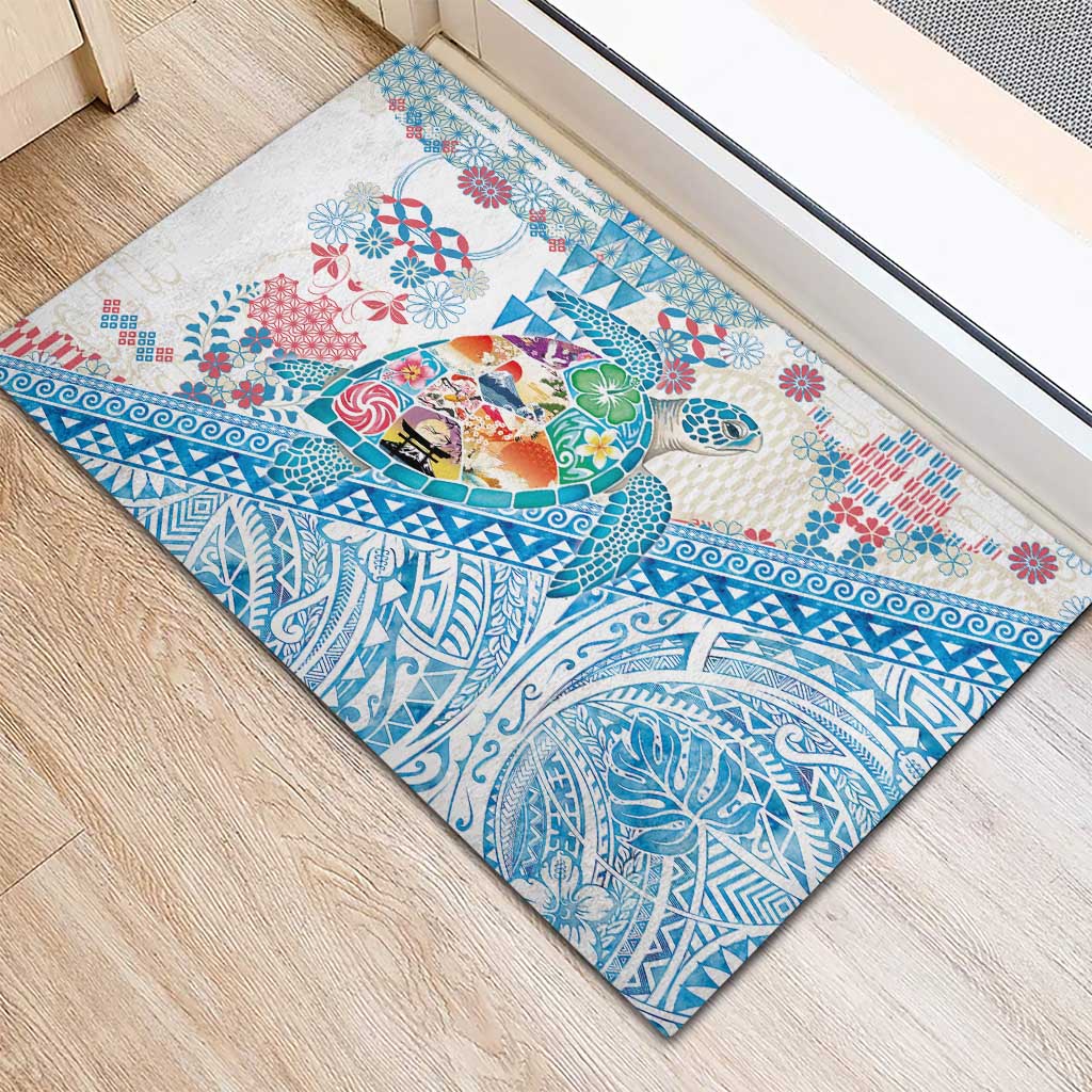Hawaiian and Japanese Culture Together Rubber Doormat Tropical Honu with Japanese Elements Blue Color LT03 - Polynesian Pride