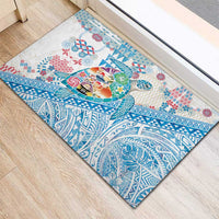 Hawaiian and Japanese Culture Together Rubber Doormat Tropical Honu with Japanese Elements Blue Color LT03 - Polynesian Pride