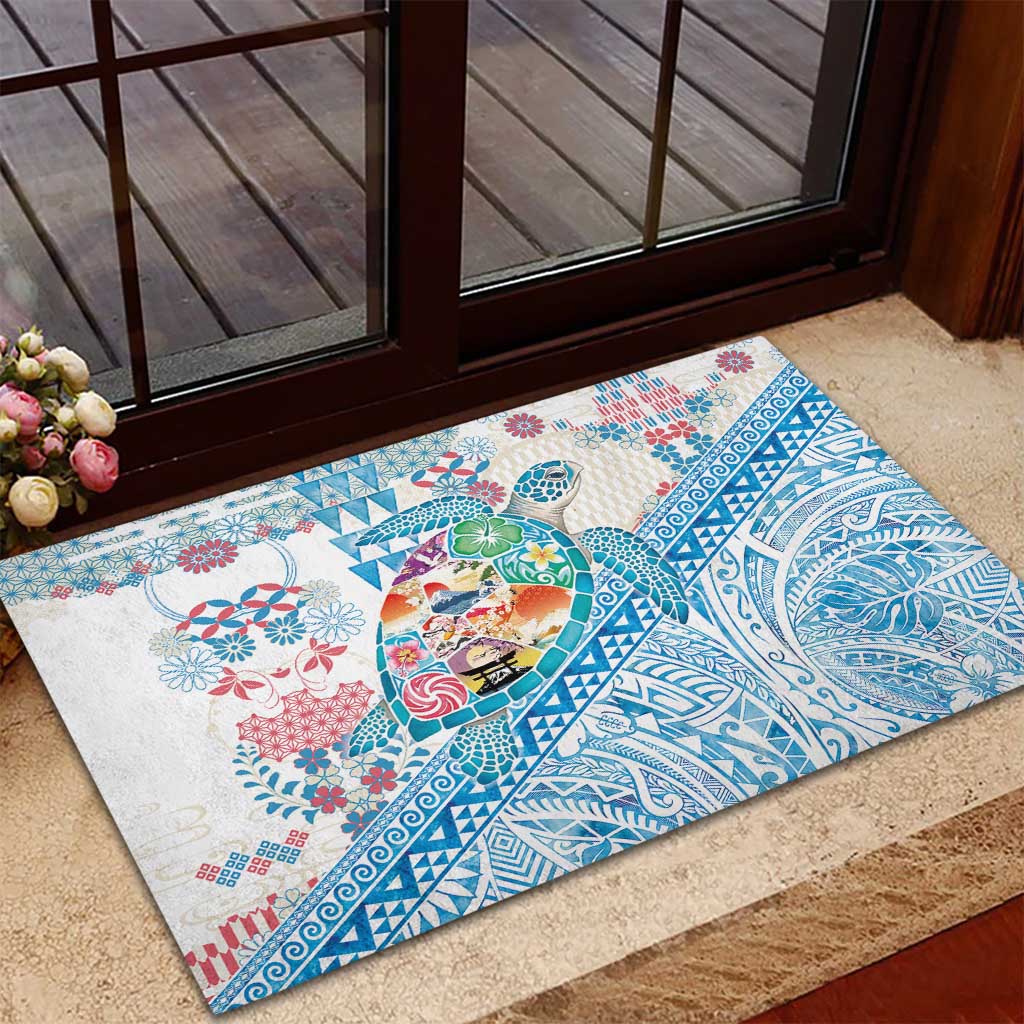 Hawaiian and Japanese Culture Together Rubber Doormat Tropical Honu with Japanese Elements Blue Color LT03 - Polynesian Pride