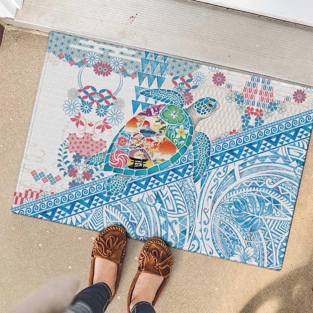 Hawaiian and Japanese Culture Together Rubber Doormat Tropical Honu with Japanese Elements Blue Color LT03 - Polynesian Pride