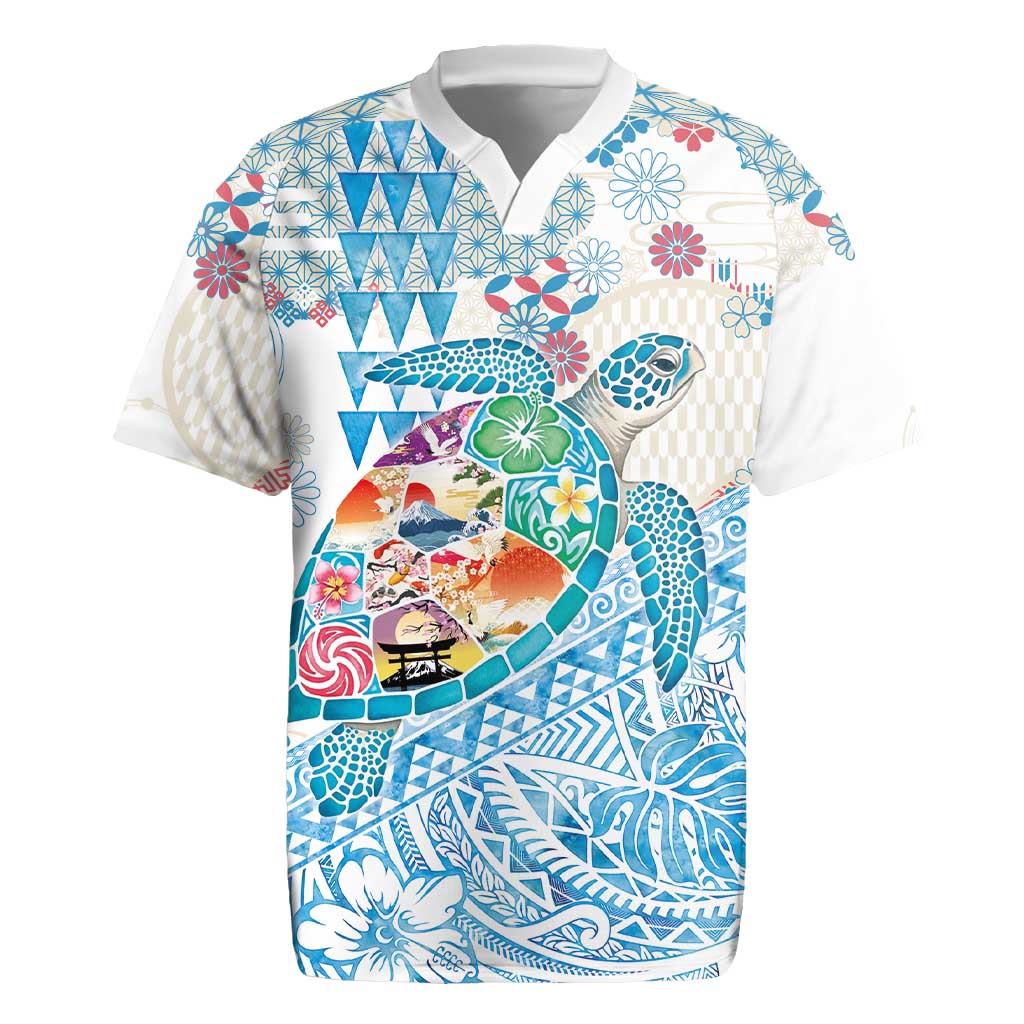 Hawaiian and Japanese Culture Together Rugby Jersey Tropical Honu with Japanese Elements Blue Color LT03 Blue - Polynesian Pride