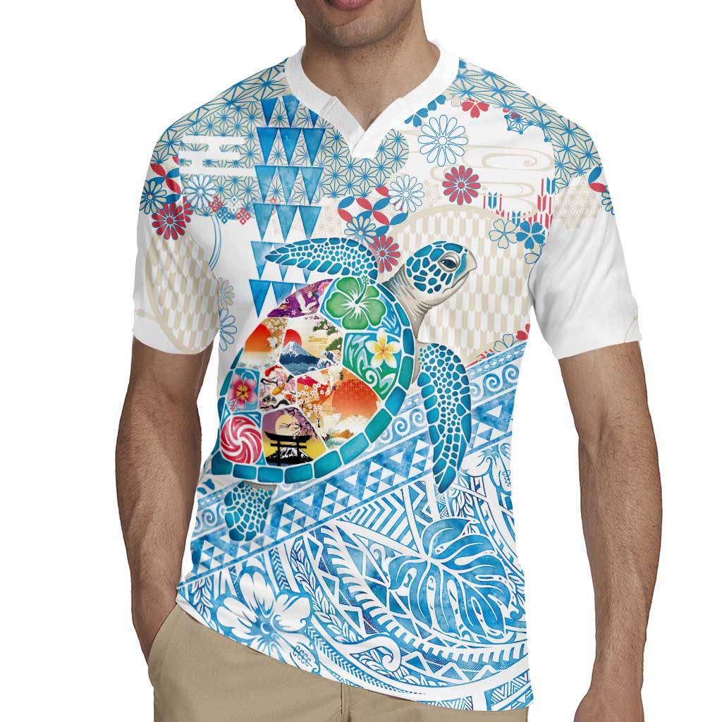 Hawaiian and Japanese Culture Together Rugby Jersey Tropical Honu with Japanese Elements Blue Color LT03 - Polynesian Pride