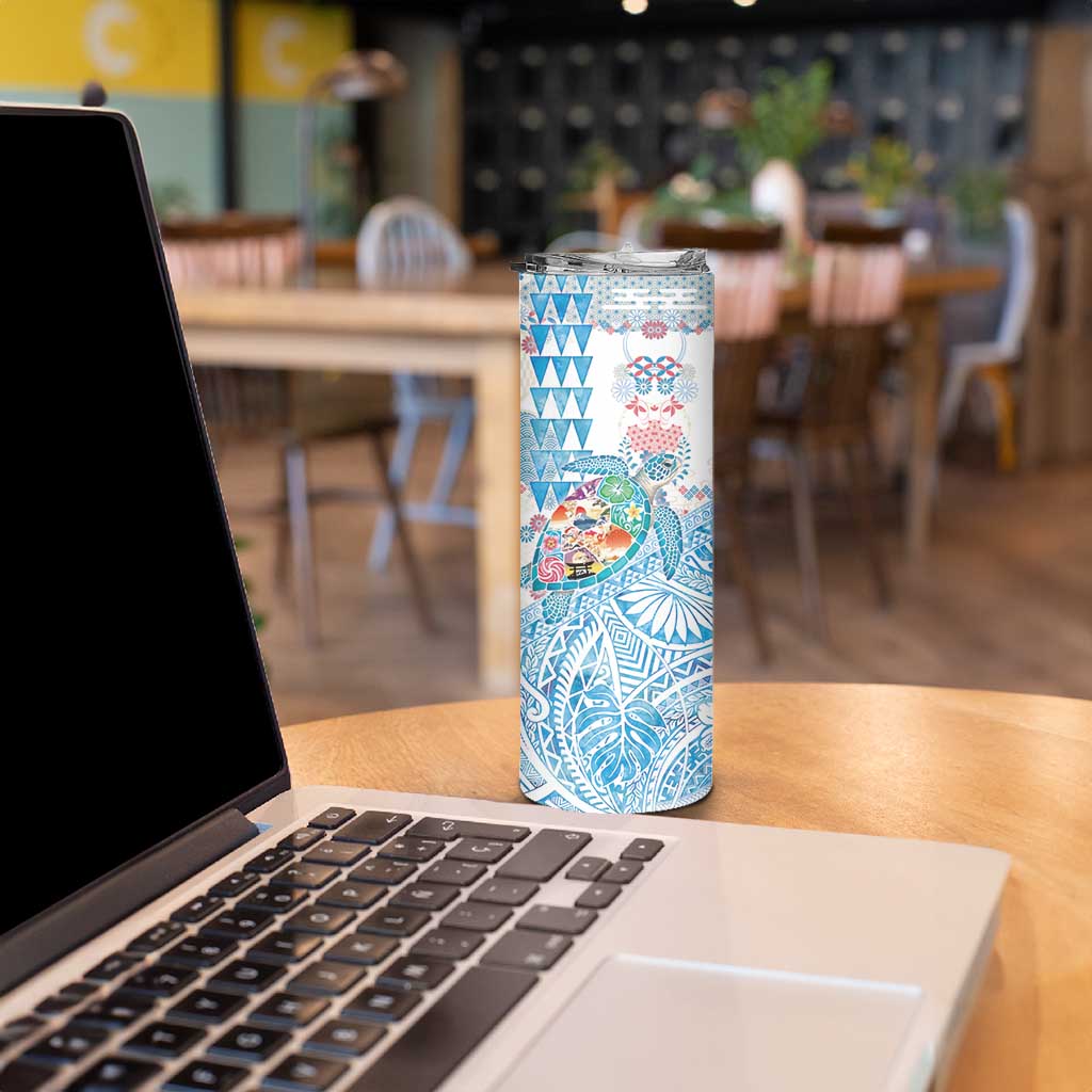 Hawaiian and Japanese Culture Together Skinny Tumbler Tropical Honu with Japanese Elements Blue Color