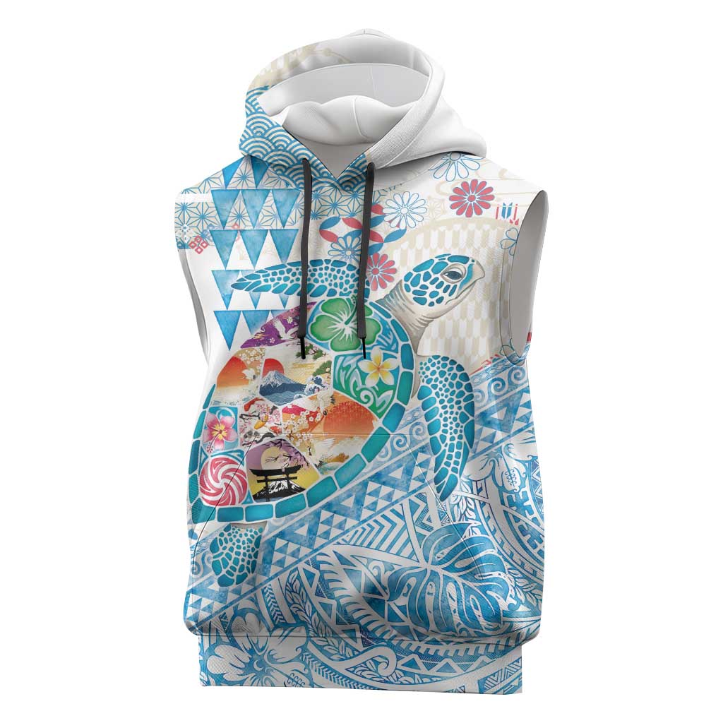Hawaiian and Japanese Culture Together Sleeveless Hoodie Tropical Honu with Japanese Elements Blue Color