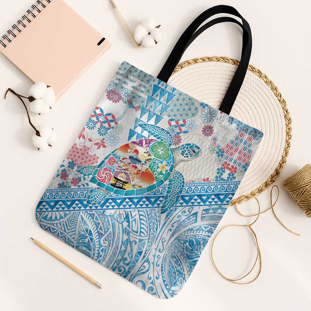 Hawaiian and Japanese Culture Together Tote Bag Tropical Honu with Japanese Elements Blue Color LT03 Black Strap One Size Blue - Polynesian Pride