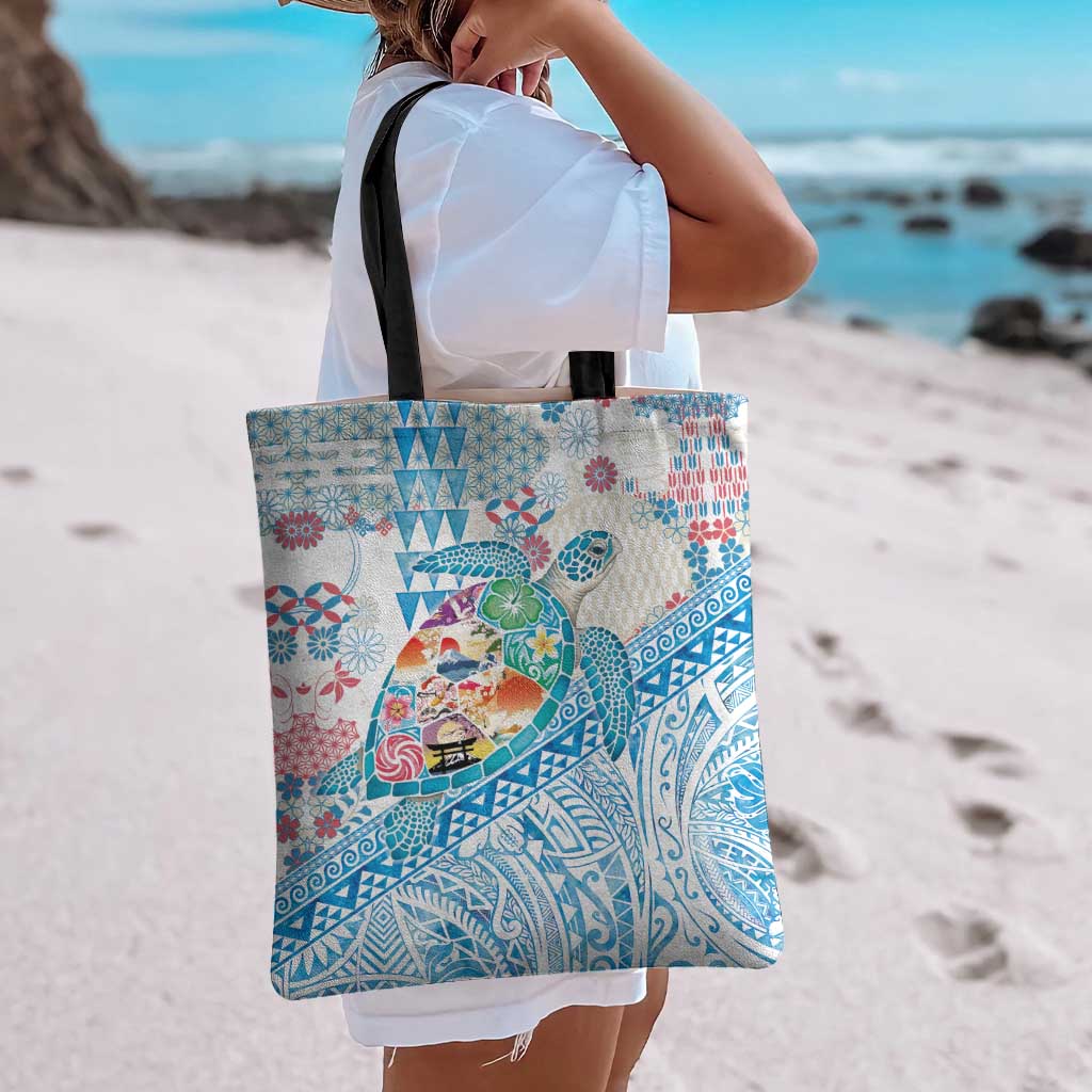 Hawaiian and Japanese Culture Together Tote Bag Tropical Honu with Japanese Elements Blue Color LT03 - Polynesian Pride