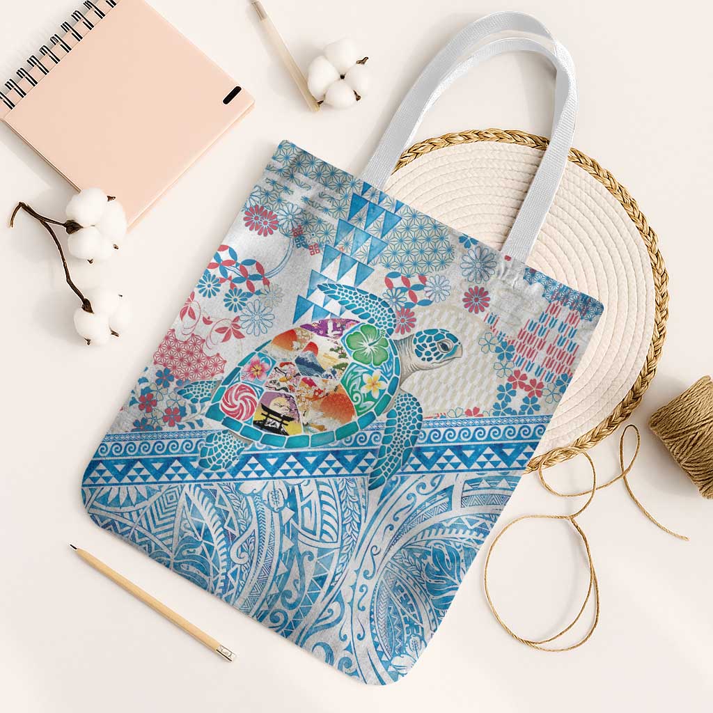 Hawaiian and Japanese Culture Together Tote Bag Tropical Honu with Japanese Elements Blue Color LT03 White Strap One Size Blue - Polynesian Pride