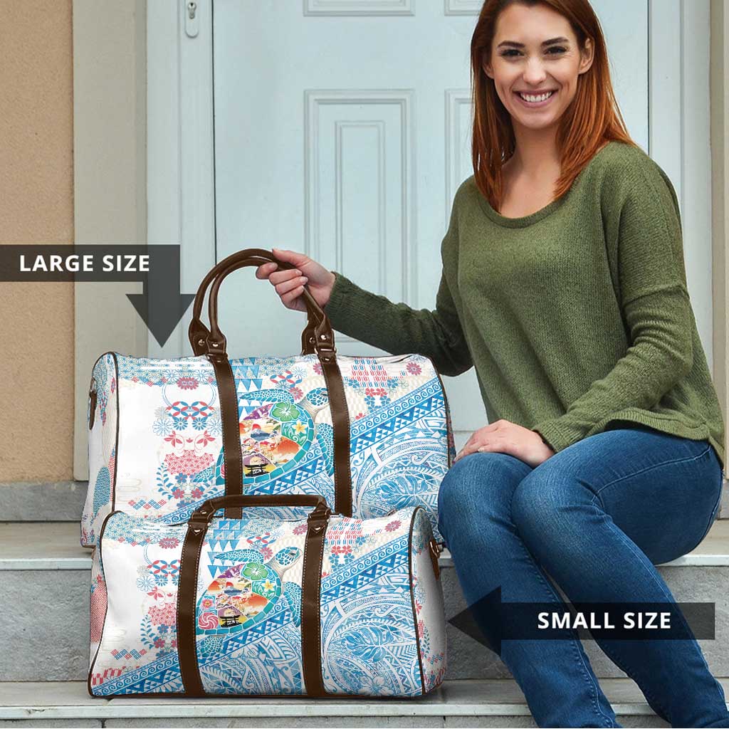 Hawaiian and Japanese Culture Together Travel Bag Tropical Honu with Japanese Elements Blue Color