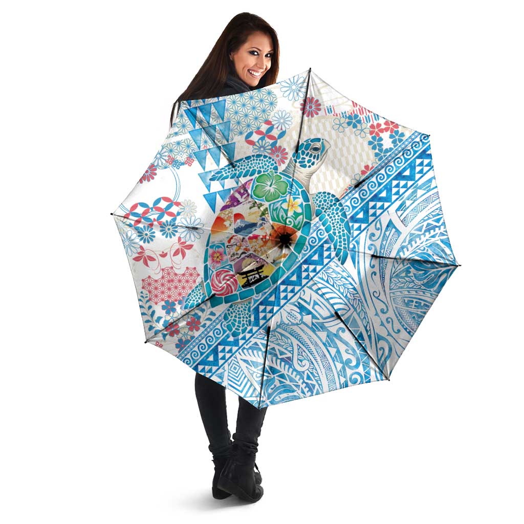Hawaiian and Japanese Culture Together Umbrella Tropical Honu with Japanese Elements Blue Color LT03 - Polynesian Pride