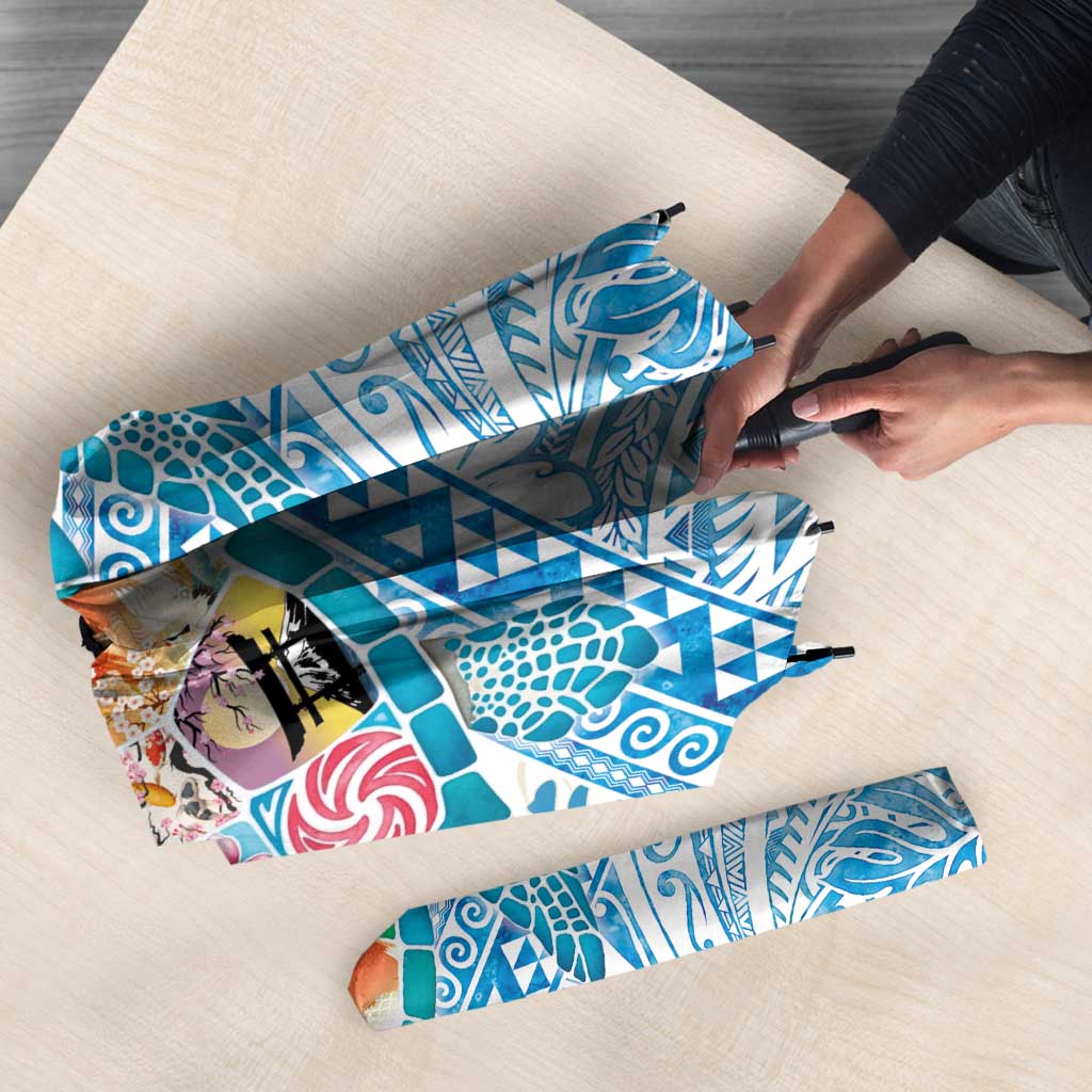 Hawaiian and Japanese Culture Together Umbrella Tropical Honu with Japanese Elements Blue Color LT03 - Polynesian Pride