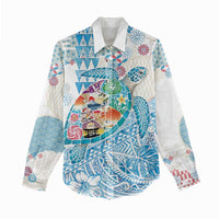 Hawaiian and Japanese Culture Together Women Casual Shirt Tropical Honu with Japanese Elements Blue Color