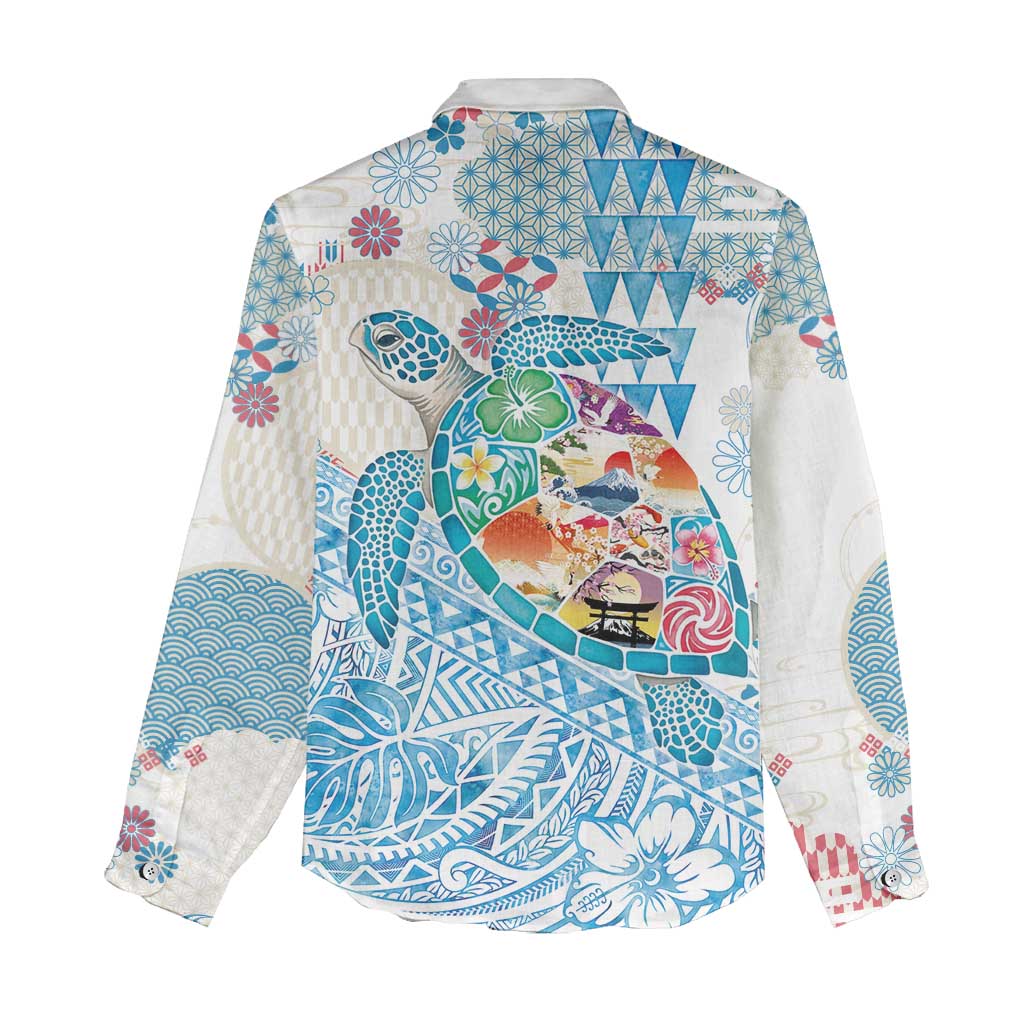 Hawaiian and Japanese Culture Together Women Casual Shirt Tropical Honu with Japanese Elements Blue Color