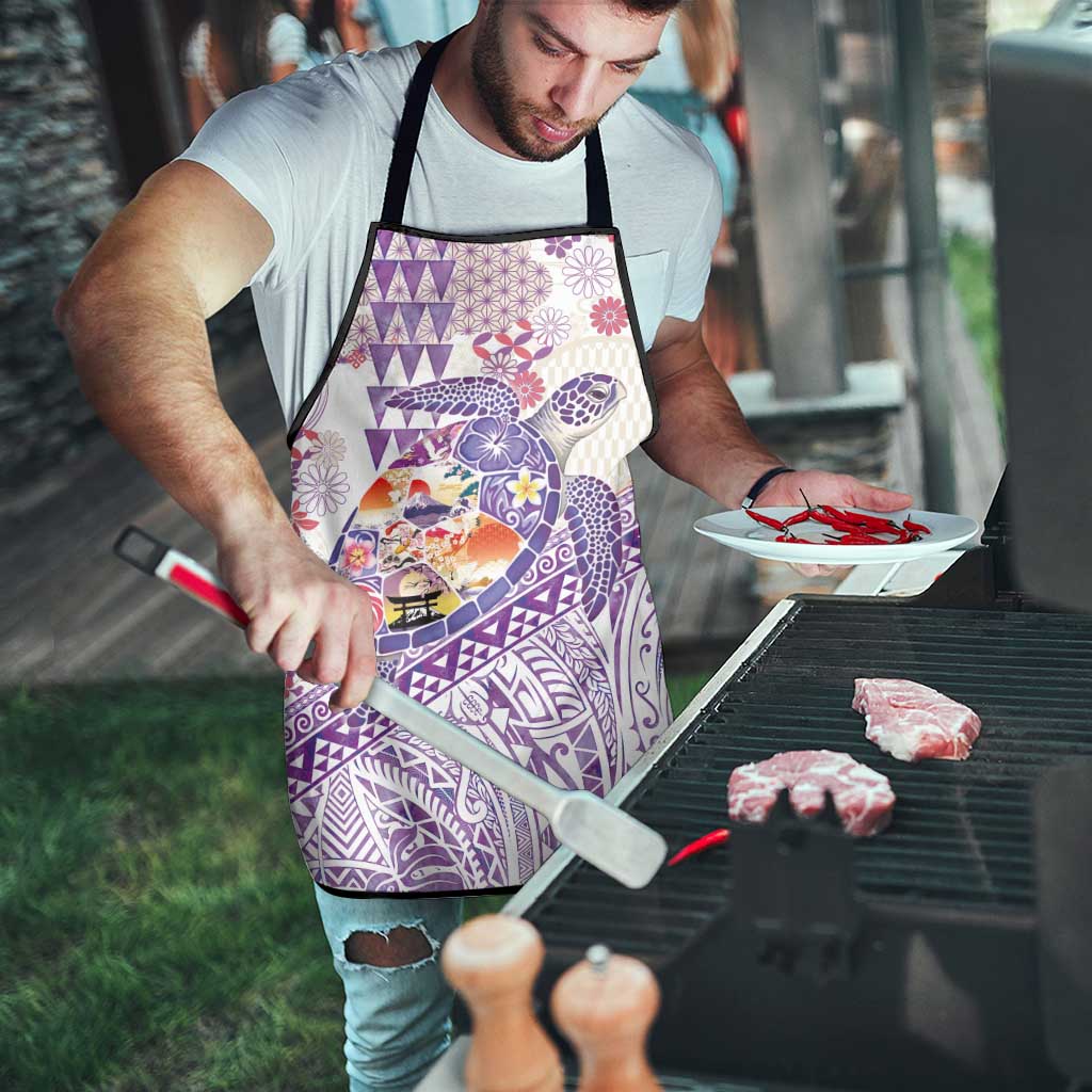 Hawaiian and Japanese Culture Together Apron Tropical Honu with Japanese Elements Purple Color