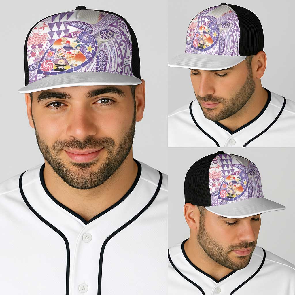 Hawaiian and Japanese Culture Together Baseball Net Cap Tropical Honu with Japanese Elements Purple Color