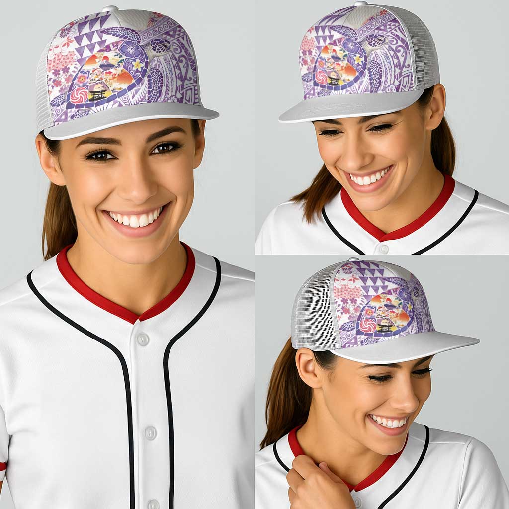 Hawaiian and Japanese Culture Together Baseball Net Cap Tropical Honu with Japanese Elements Purple Color