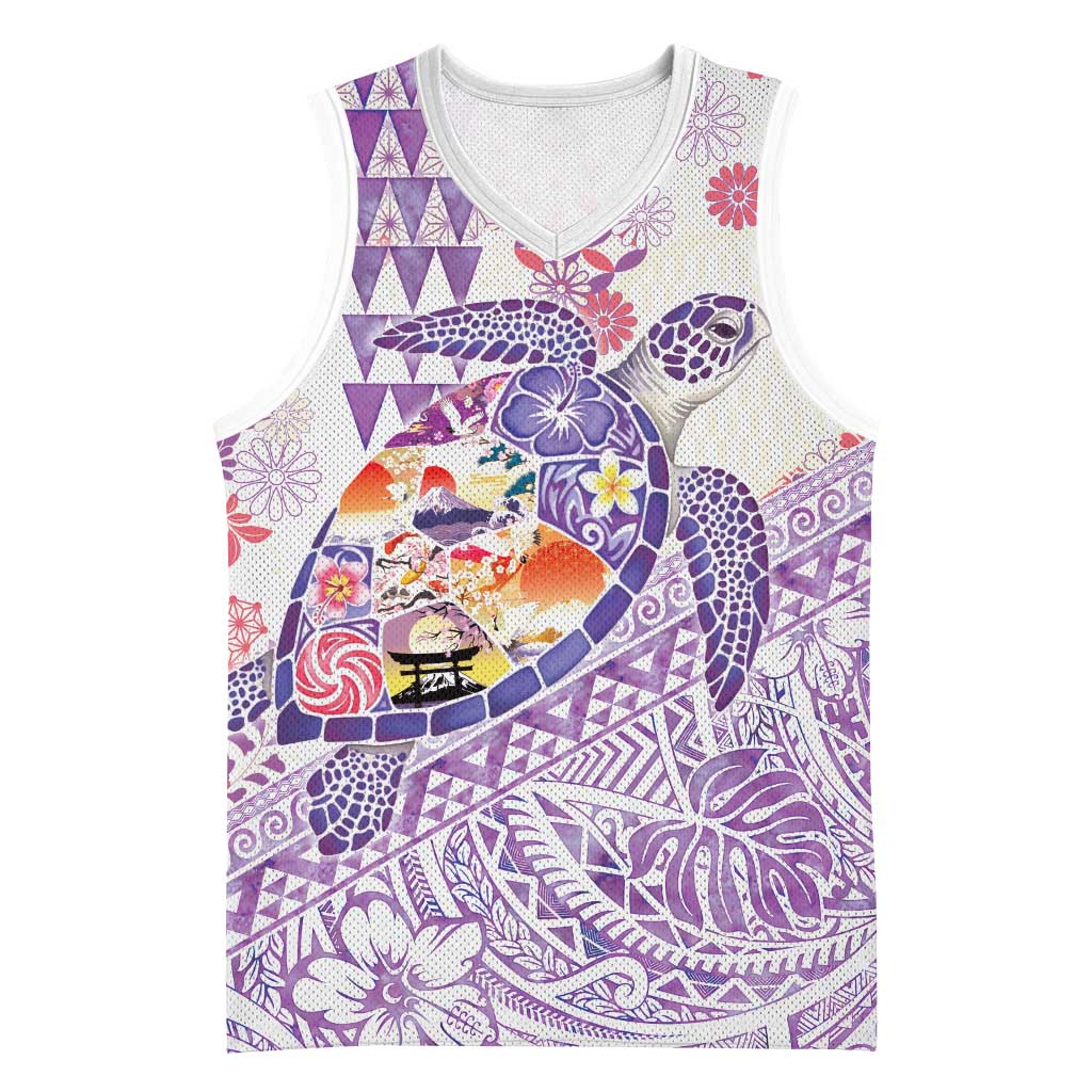 Hawaiian and Japanese Culture Together Basketball Jersey Tropical Honu with Japanese Elements Purple Color