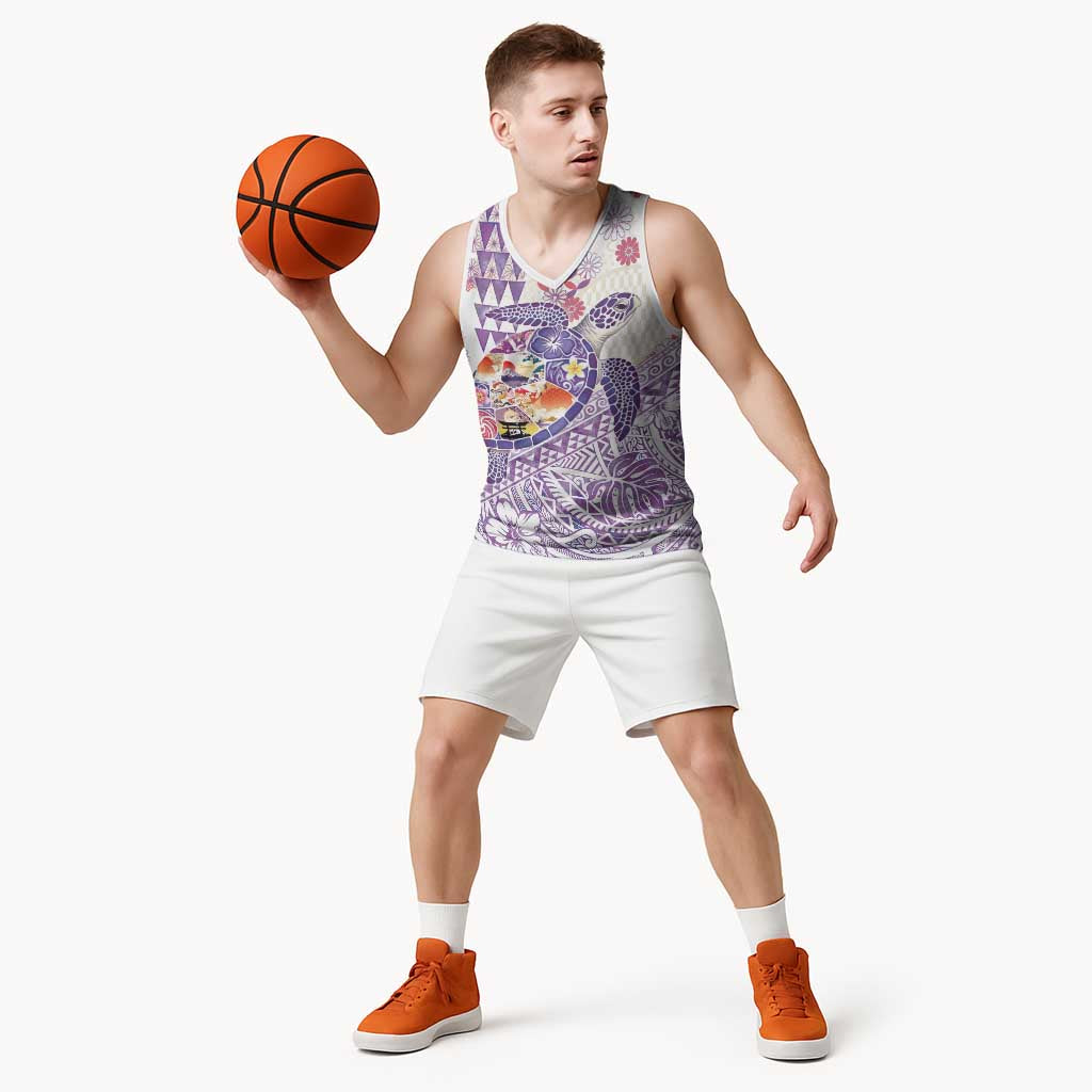 Hawaiian and Japanese Culture Together Basketball Jersey Tropical Honu with Japanese Elements Purple Color
