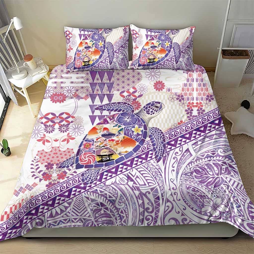 Hawaiian and Japanese Culture Together Bedding Set Tropical Honu with Japanese Elements Purple Color LT03 - Polynesian Pride