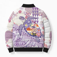 Hawaiian and Japanese Culture Together Bomber Puffer Jacket Tropical Honu with Japanese Elements Purple Color