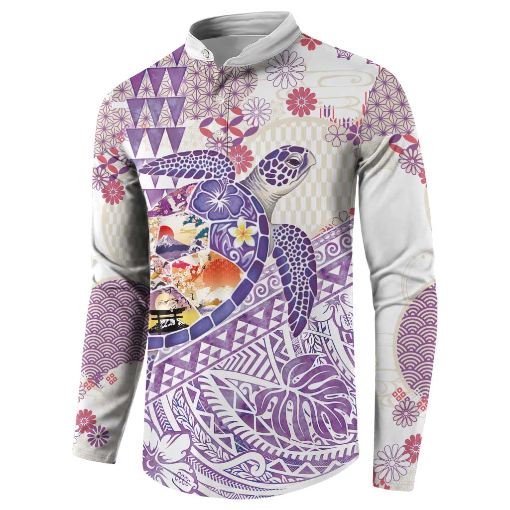 Hawaiian and Japanese Culture Together Button Sweatshirt Tropical Honu with Japanese Elements Purple Color LT03 - Polynesian Pride