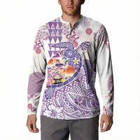 Hawaiian and Japanese Culture Together Button Sweatshirt Tropical Honu with Japanese Elements Purple Color LT03 - Polynesian Pride