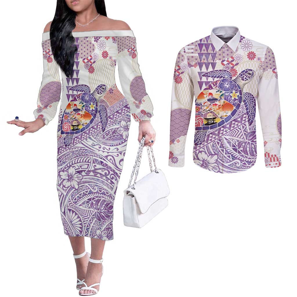 Hawaiian and Japanese Culture Together Couples Matching Off The Shoulder Long Sleeve Dress and Long Sleeve Button Shirt Tropical Honu with Japanese Elements Purple Color