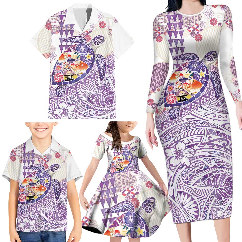 Hawaiian and Japanese Culture Together Family Matching Long Sleeve Bodycon Dress and Hawaiian Shirt Tropical Honu with Japanese Elements Purple Color LT03 - Polynesian Pride