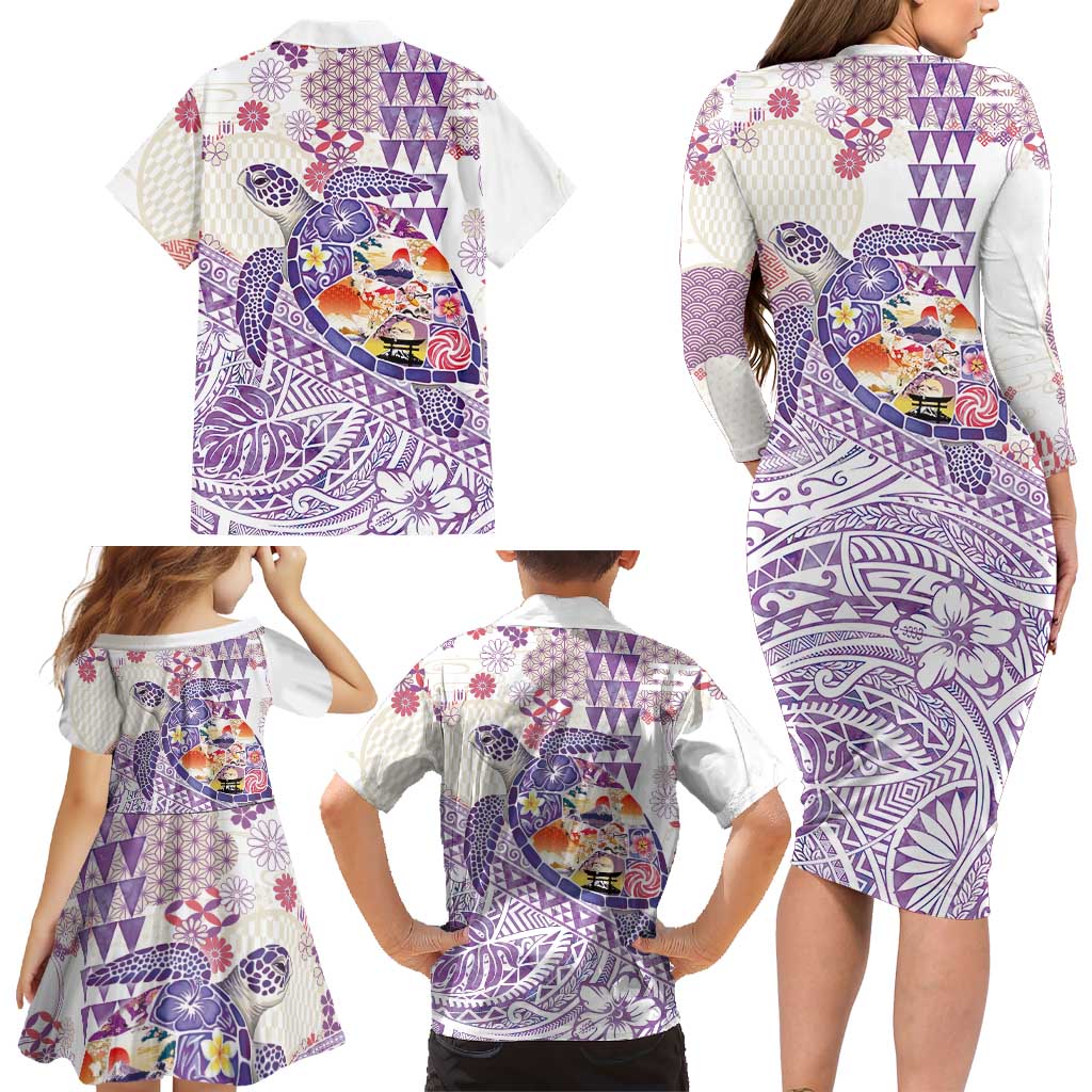 Hawaiian and Japanese Culture Together Family Matching Long Sleeve Bodycon Dress and Hawaiian Shirt Tropical Honu with Japanese Elements Purple Color LT03 - Polynesian Pride