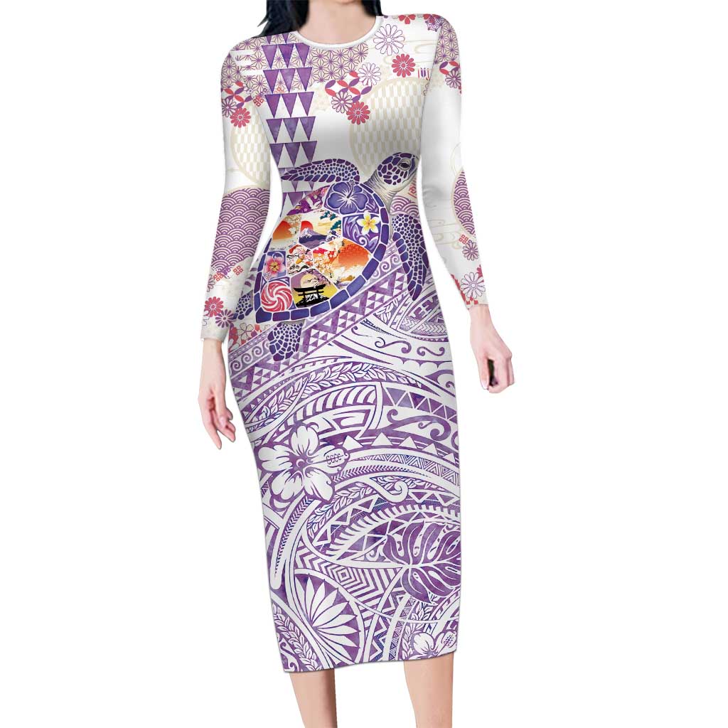 Hawaiian and Japanese Culture Together Family Matching Long Sleeve Bodycon Dress and Hawaiian Shirt Tropical Honu with Japanese Elements Purple Color LT03 Mom's Dress Purple - Polynesian Pride