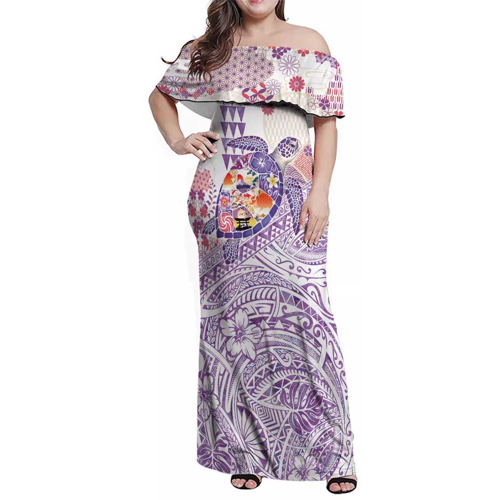 Hawaiian and Japanese Culture Together Family Matching Off Shoulder Maxi Dress and Hawaiian Shirt Tropical Honu with Japanese Elements Purple Color LT03 Mom's Dress Purple - Polynesian Pride