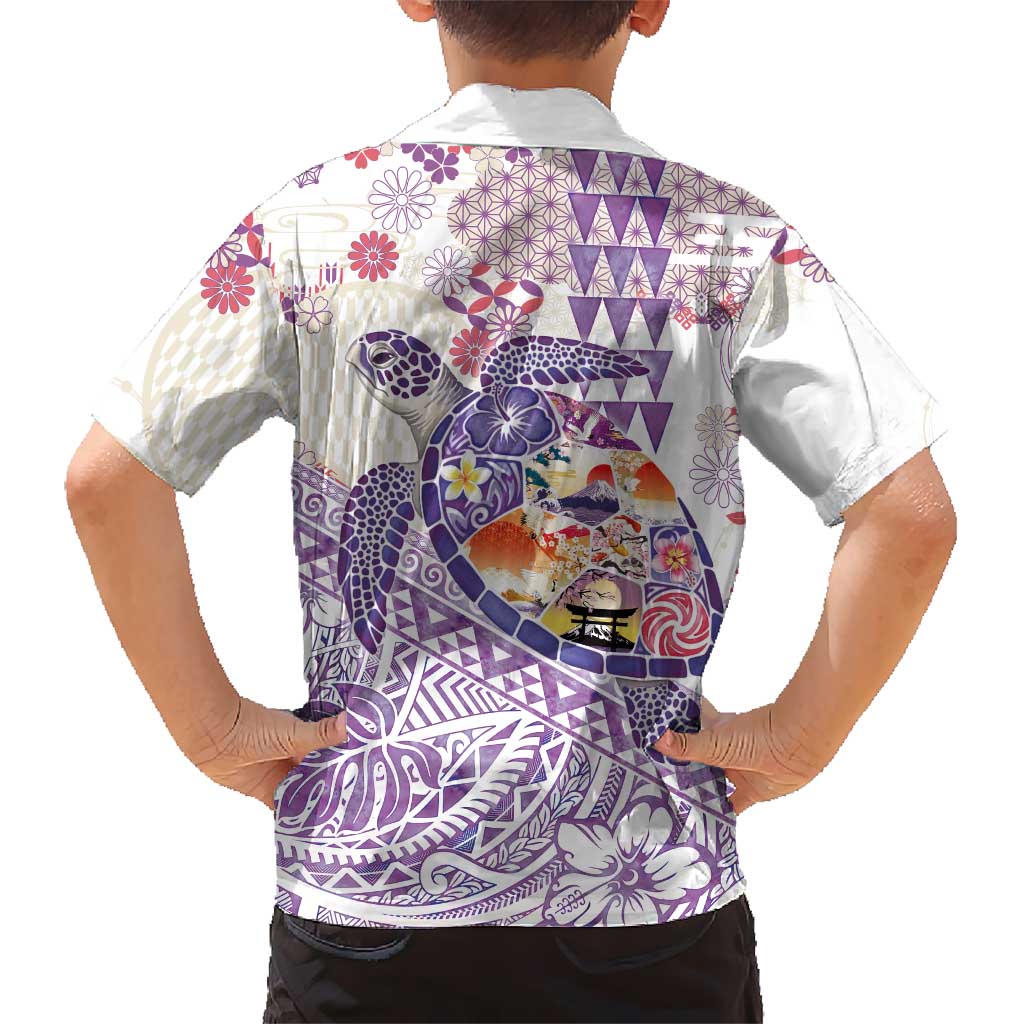 Hawaiian and Japanese Culture Together Family Matching Off Shoulder Short Dress and Hawaiian Shirt Tropical Honu with Japanese Elements Purple Color LT03 - Polynesian Pride