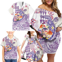 Hawaiian and Japanese Culture Together Family Matching Off Shoulder Short Dress and Hawaiian Shirt Tropical Honu with Japanese Elements Purple Color LT03 - Polynesian Pride