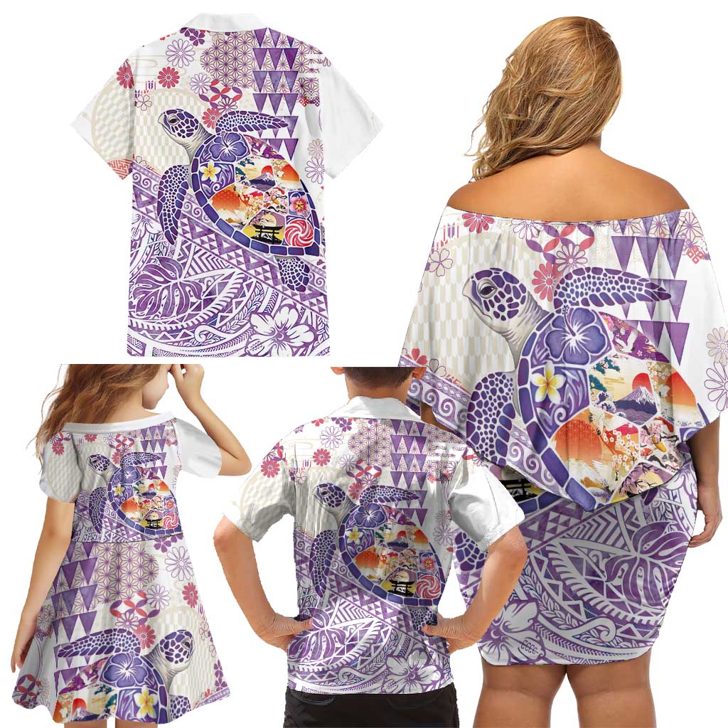 Hawaiian and Japanese Culture Together Family Matching Off Shoulder Short Dress and Hawaiian Shirt Tropical Honu with Japanese Elements Purple Color LT03 - Polynesian Pride