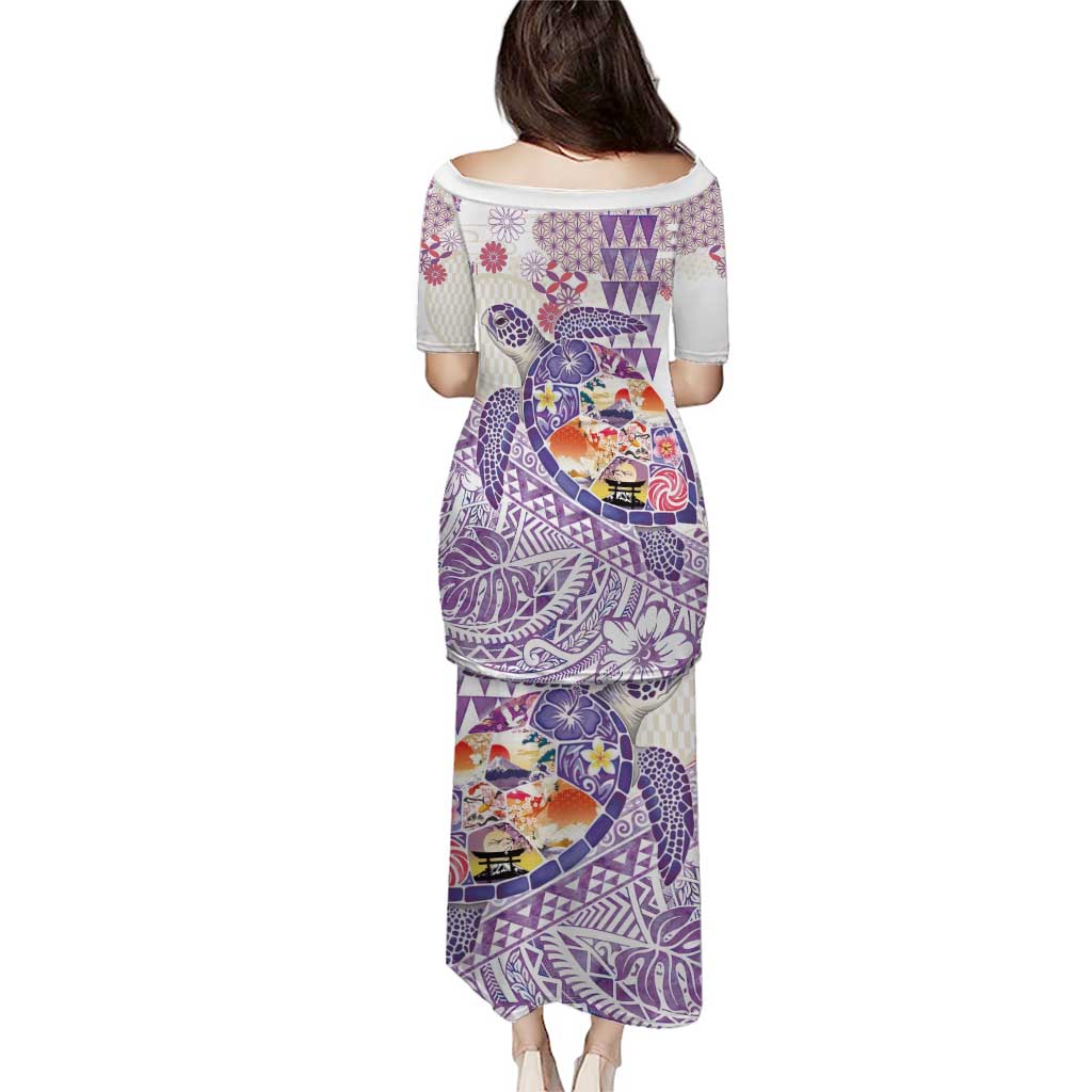 Hawaiian and Japanese Culture Together Family Matching Puletasi and Hawaiian Shirt Tropical Honu with Japanese Elements Purple Color