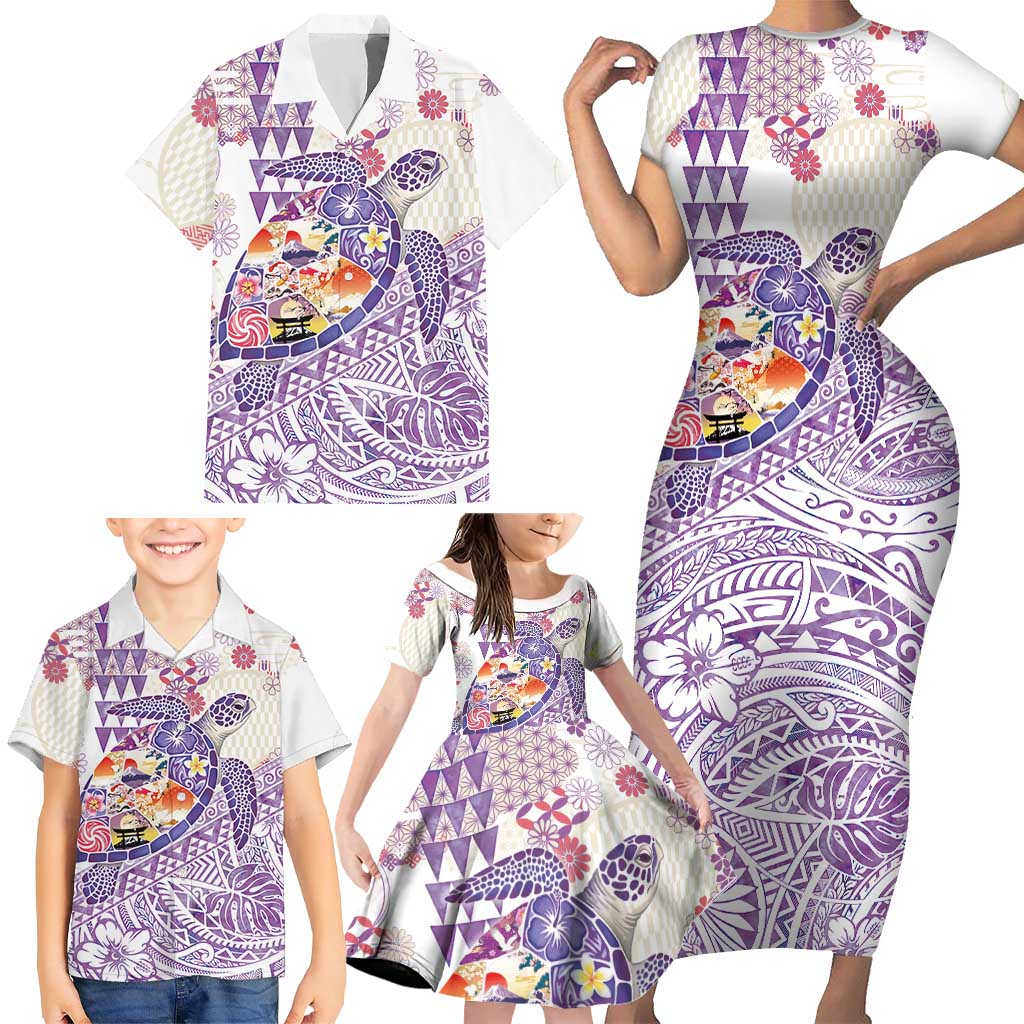 Hawaiian and Japanese Culture Together Family Matching Short Sleeve Bodycon Dress and Hawaiian Shirt Tropical Honu with Japanese Elements Purple Color LT03 - Polynesian Pride
