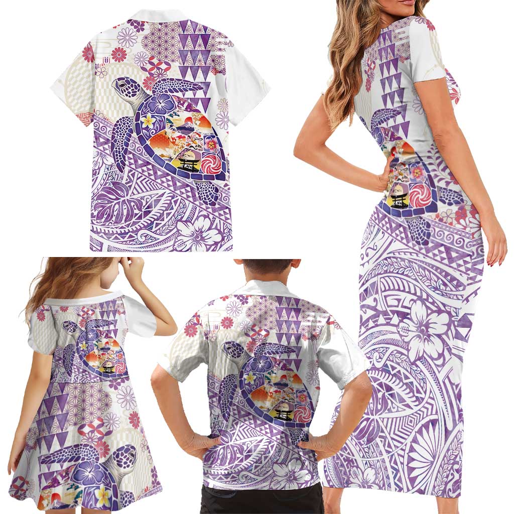 Hawaiian and Japanese Culture Together Family Matching Short Sleeve Bodycon Dress and Hawaiian Shirt Tropical Honu with Japanese Elements Purple Color LT03 - Polynesian Pride
