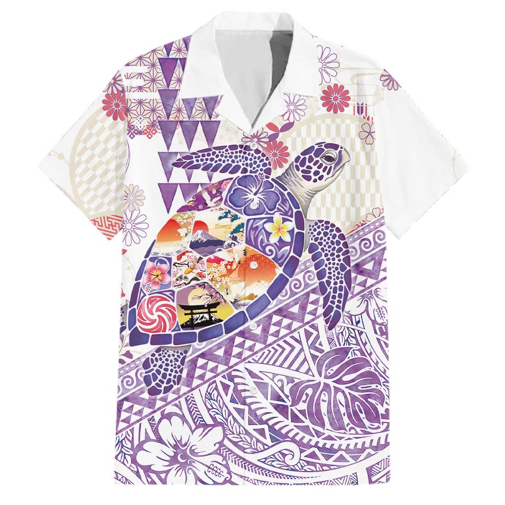 Hawaiian and Japanese Culture Together Family Matching Summer Maxi Dress and Hawaiian Shirt Tropical Honu with Japanese Elements Purple Color LT03 Dad's Shirt - Short Sleeve Purple - Polynesian Pride