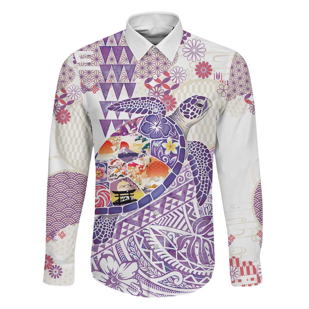 Hawaiian and Japanese Culture Together Family Matching Summer Maxi Dress and Hawaiian Shirt Tropical Honu with Japanese Elements Purple Color LT03 Dad's Shirt - Long Sleeve Purple - Polynesian Pride