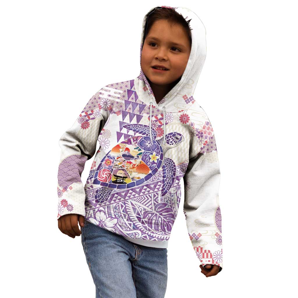 Hawaiian and Japanese Culture Together Kid Hoodie Tropical Honu with Japanese Elements Purple Color