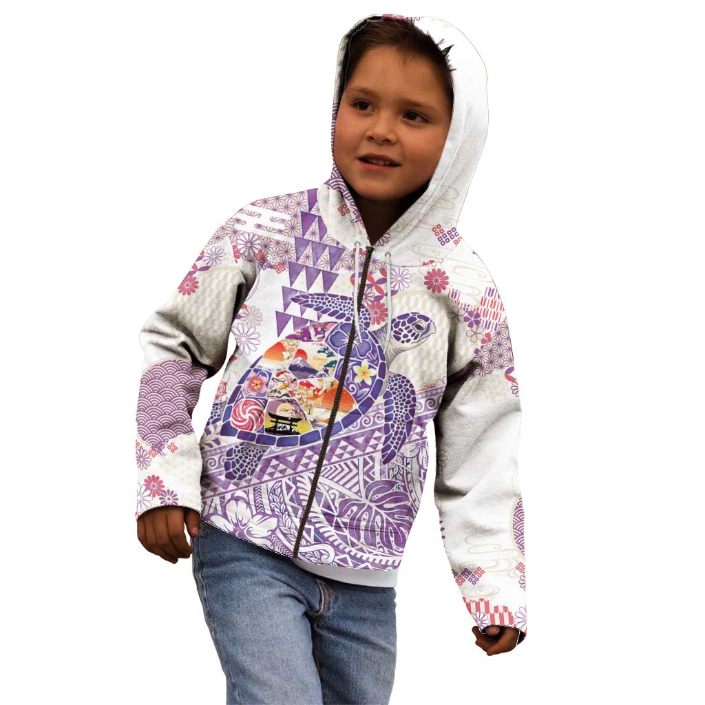 Hawaiian and Japanese Culture Together Kid Hoodie Tropical Honu with Japanese Elements Purple Color