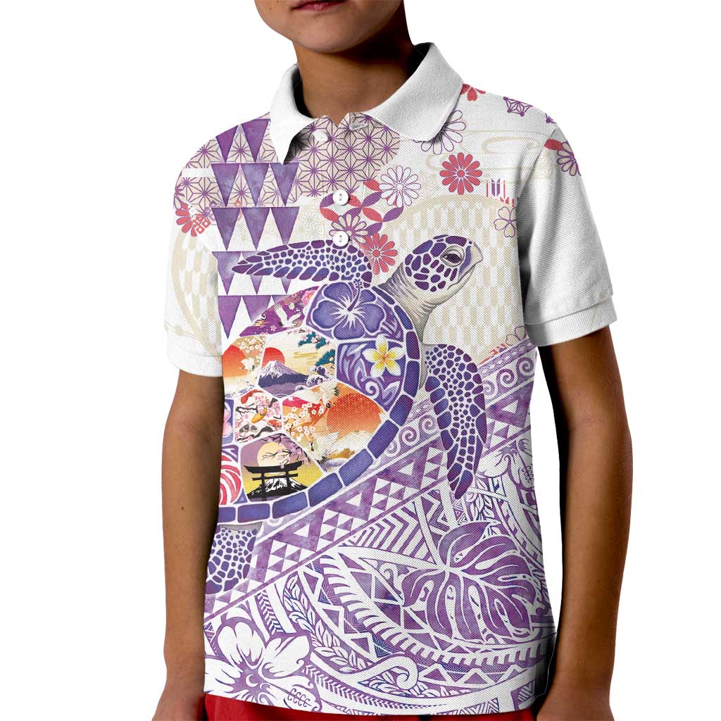 Hawaiian and Japanese Culture Together Kid Polo Shirt Tropical Honu with Japanese Elements Purple Color