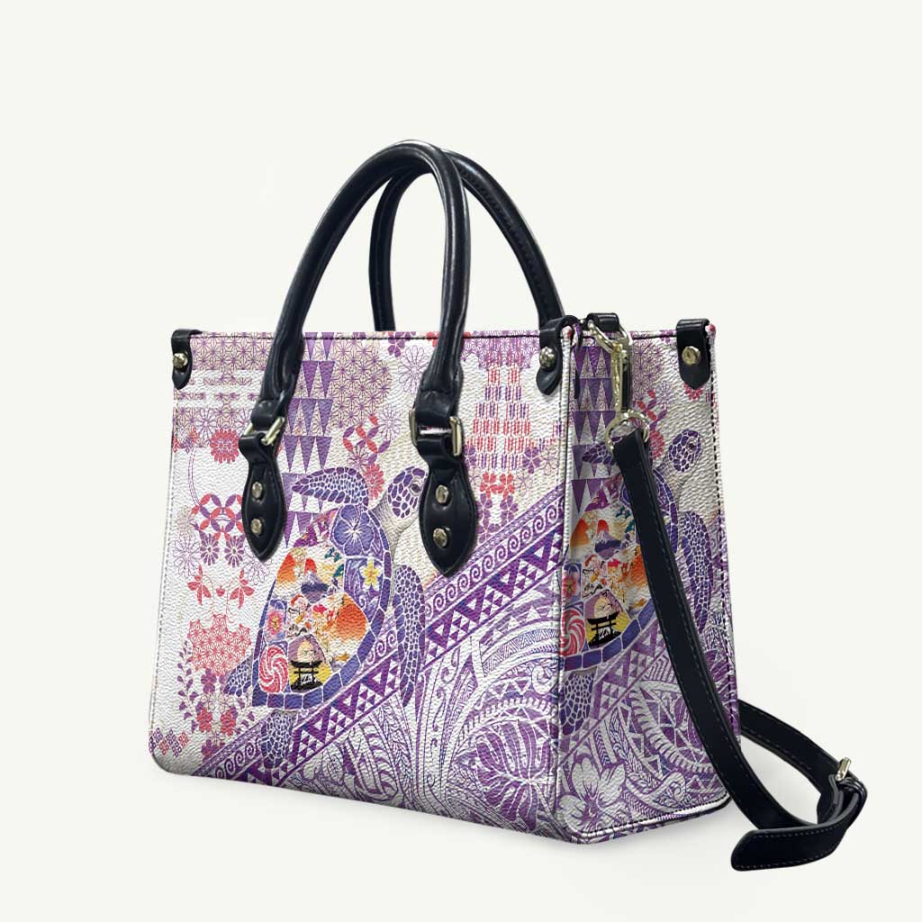 Hawaiian and Japanese Culture Together Leather Bag Tropical Honu with Japanese Elements Purple Color
