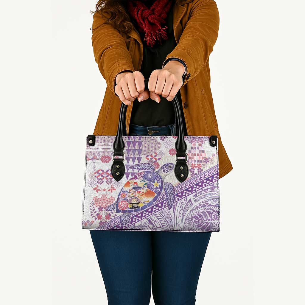 Hawaiian and Japanese Culture Together Leather Bag Tropical Honu with Japanese Elements Purple Color